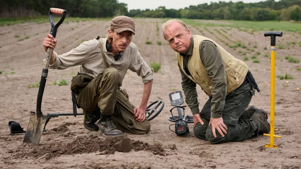 Photo from the English TV show Detectorists from the BBC. Andy and Lance with their metal detectors.